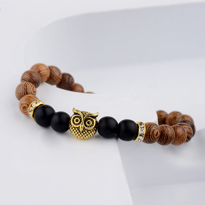 Owl Frosted Stone & Wood Bead Bracelet – Exotic Boho Jewelry
