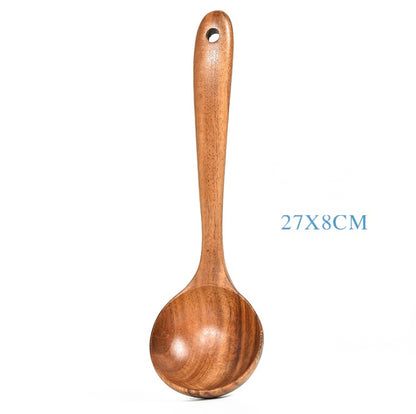 Teak Natural Wood Kitchen Utensil Set – Spoon, Ladle, Turner, Colander & Skimmer Cooking Tools