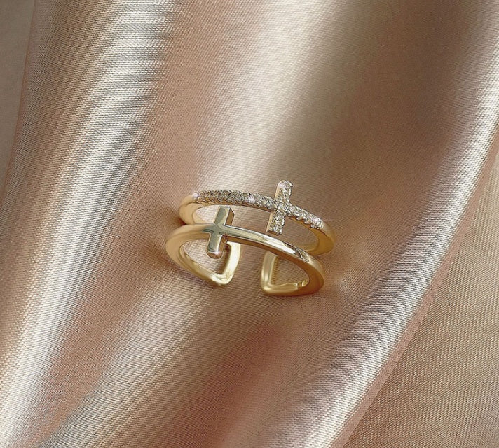 Double Cross Copper Zircon Ring – Miniature Inlaid Fashion Jewelry