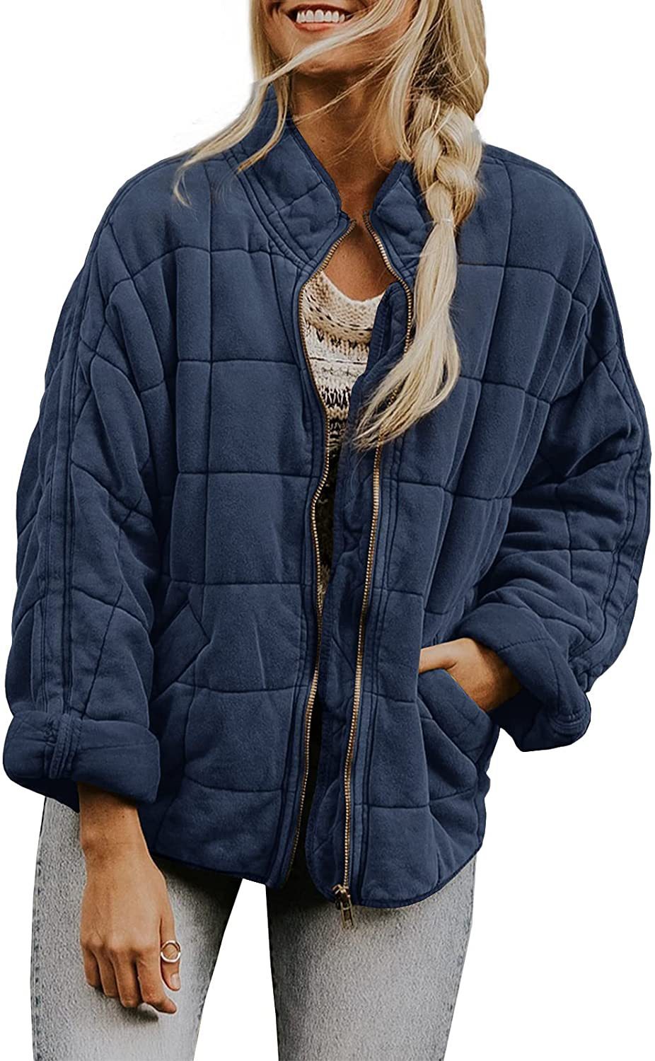 Women's Winter Zip-Up Stand Collar Coat – Plaid Pockets, Long Sleeve