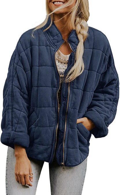 Women's Winter Zip-Up Stand Collar Coat – Plaid Pockets, Long Sleeve