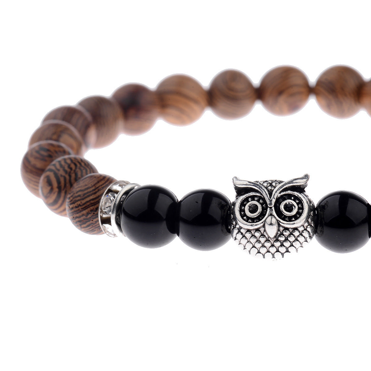 Owl Frosted Stone & Wood Bead Bracelet – Exotic Boho Jewelry