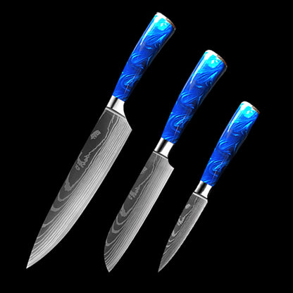 8-Inch Chef Knife Set – Blue, Green & Red Resin Handle Kitchen Knife Collection