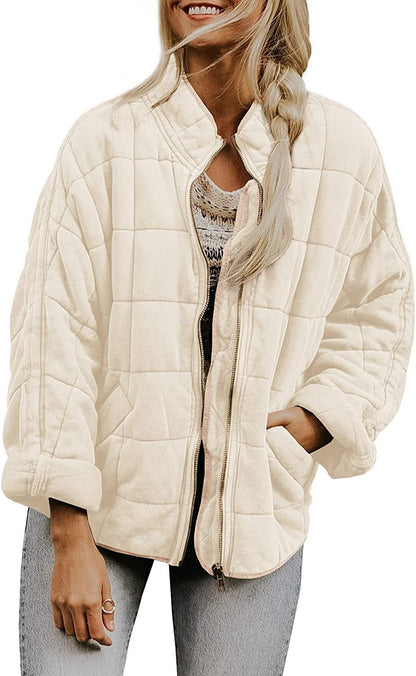 Women's Winter Zip-Up Stand Collar Coat – Plaid Pockets, Long Sleeve