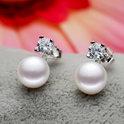 Round Pearl Stud Earrings – 8-9mm Silver Plated Jewelry for Women