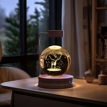 3D Crystal Ball Night Light – USB Wooden Base Bedside Lamp