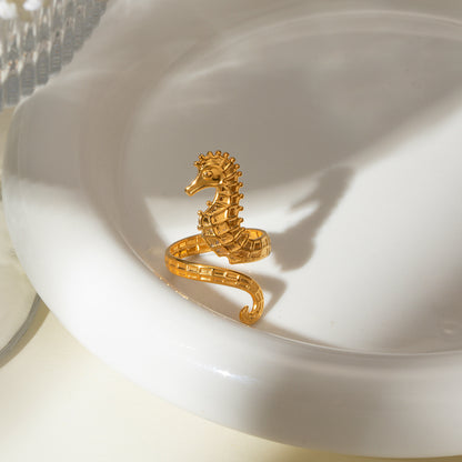 18K Gold Stainless Steel Seahorse Open Ring – Ocean Jewelry for Women