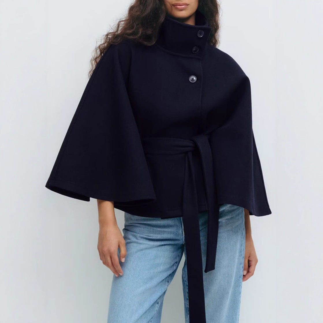 Women's Winter Trench Coat – High Neck Batwing Sleeve with Belt