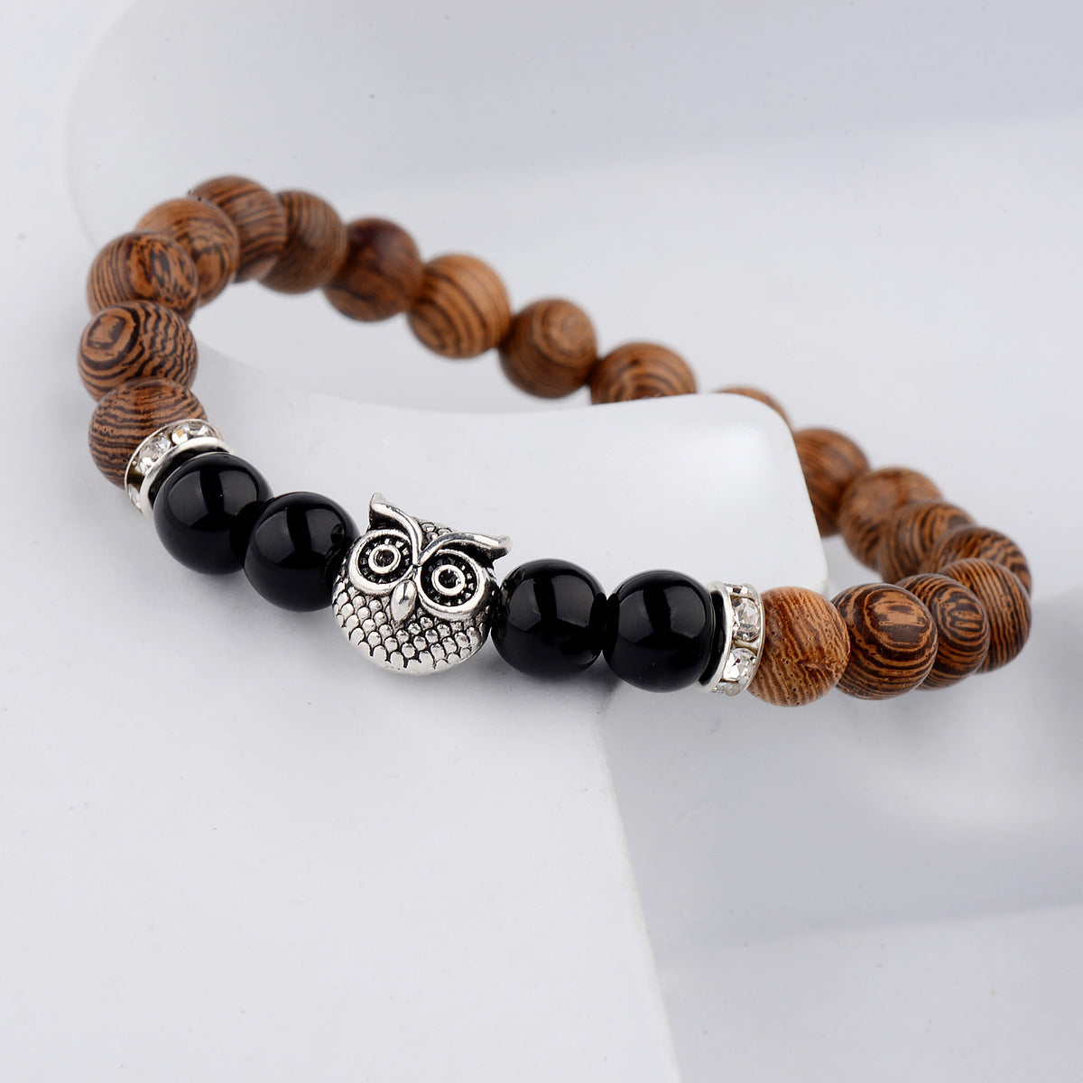 Owl Frosted Stone & Wood Bead Bracelet – Exotic Boho Jewelry