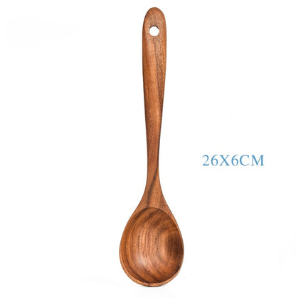 Teak Natural Wood Kitchen Utensil Set – Spoon, Ladle, Turner, Colander & Skimmer Cooking Tools