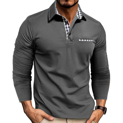 Men's Plaid Splicing Lapel Polo Shirt – Casual Long Sleeve Top