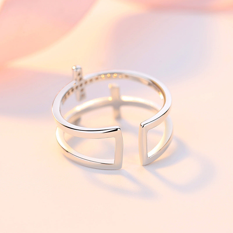 Double Cross Copper Zircon Ring – Miniature Inlaid Fashion Jewelry