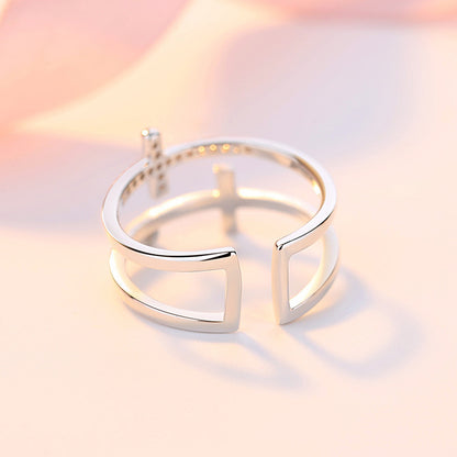 Double Cross Copper Zircon Ring – Miniature Inlaid Fashion Jewelry