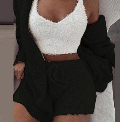 3-Piece Women's Velvet Pajama Set – Crop Top, Tank & Drawstring Pants