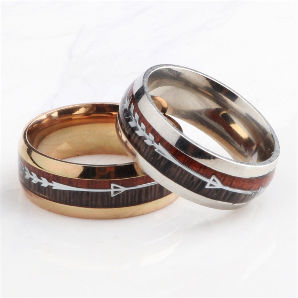 Stainless Steel Wood Grain Arrow Inlaid Ring – Nature Jewelry