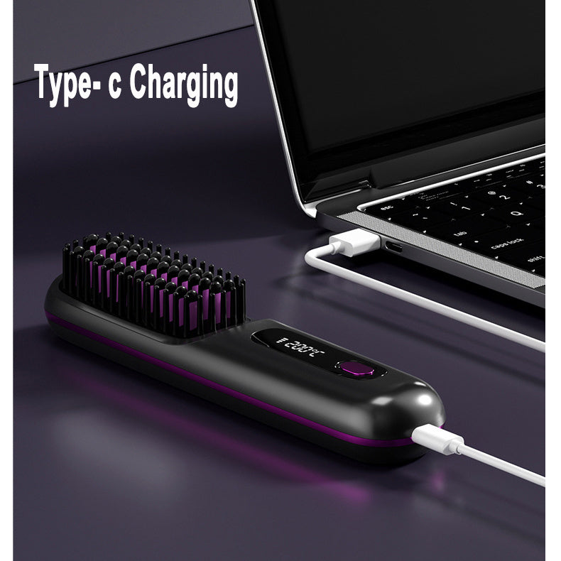 2-in-1 Wireless Hair Straightener Brush | Cordless Hot Comb with LCD & USB Charging