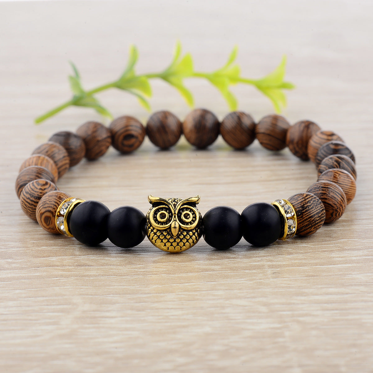 Owl Frosted Stone & Wood Bead Bracelet – Exotic Boho Jewelry