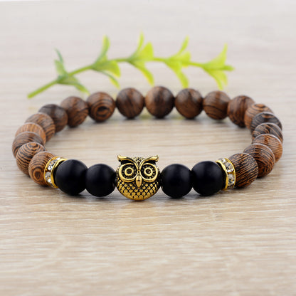 Owl Frosted Stone & Wood Bead Bracelet – Exotic Boho Jewelry