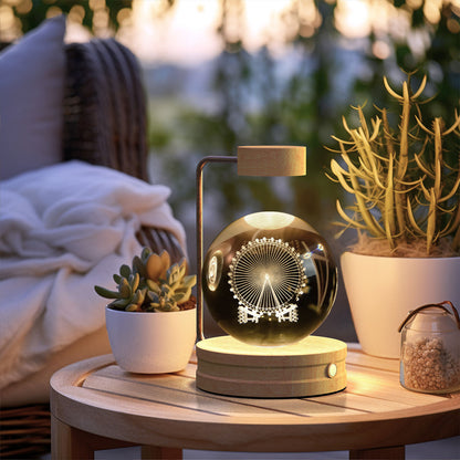 3D Crystal Ball Night Light – USB Wooden Base Bedside Lamp