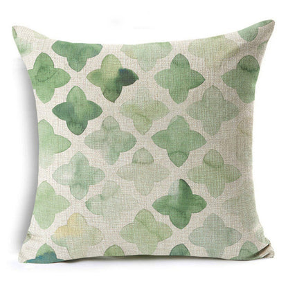 Green Geometric Print Linen Pillowcase – Modern Decorative Cushion Cover for Sofa & Home