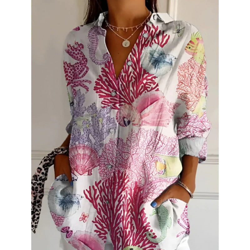 Floral Print Long-Sleeve Women's Shirt – Casual Button-Up Top
