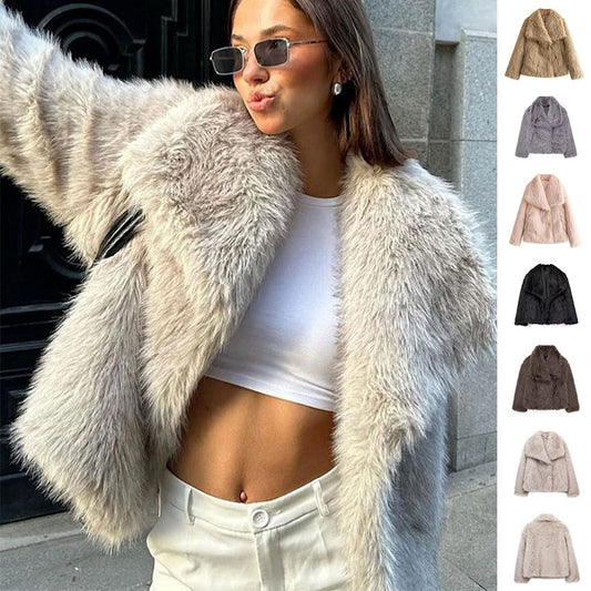 Winter Plush Coat Fashion Warm Thicken Fluffy Lapel Jacket Outwear Casual Long Sleeve Tops
