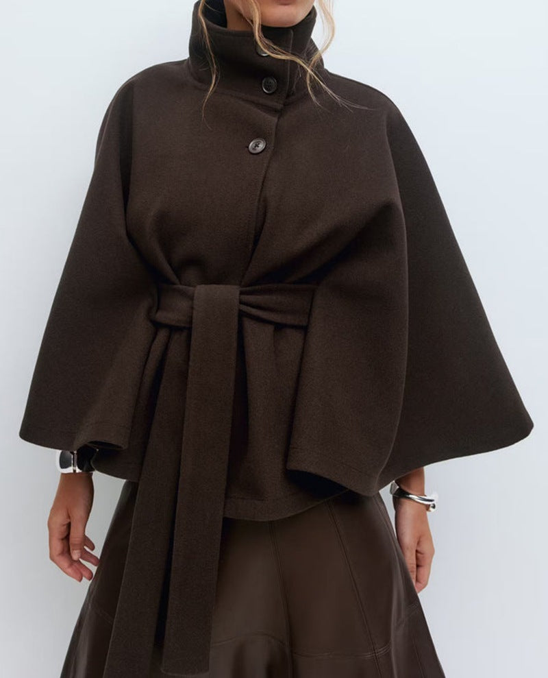 Women's Winter Trench Coat – High Neck Batwing Sleeve with Belt