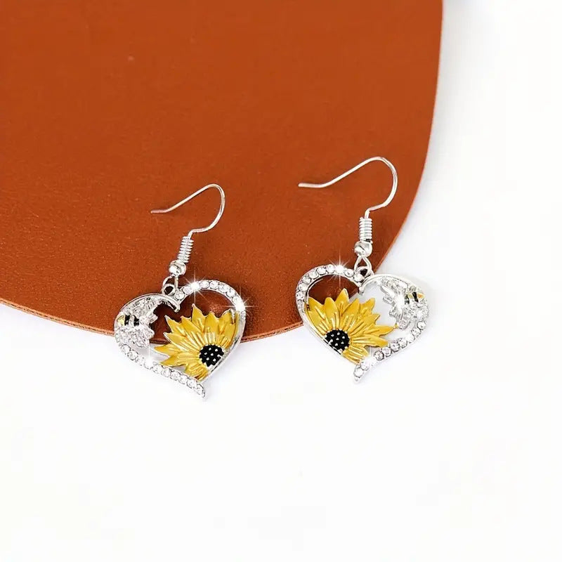 Bee Sunflower Heart Stud Earrings – Cute Fashion OL Alloy Jewelry for Women