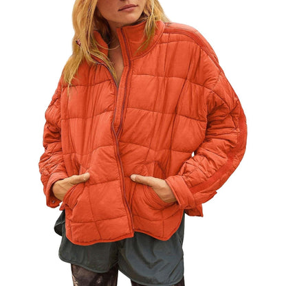 Women's Winter Zip-Up Stand Collar Coat – Plaid Pockets, Long Sleeve