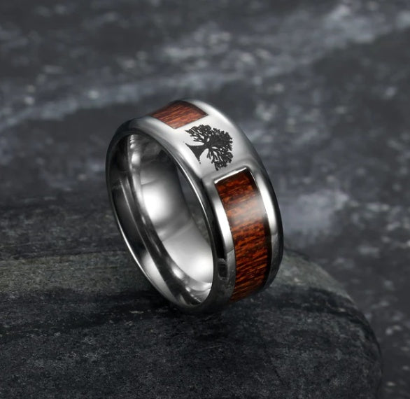 Celtic Tree of Life Wood Inset Wedding Ring – Stainless Steel
