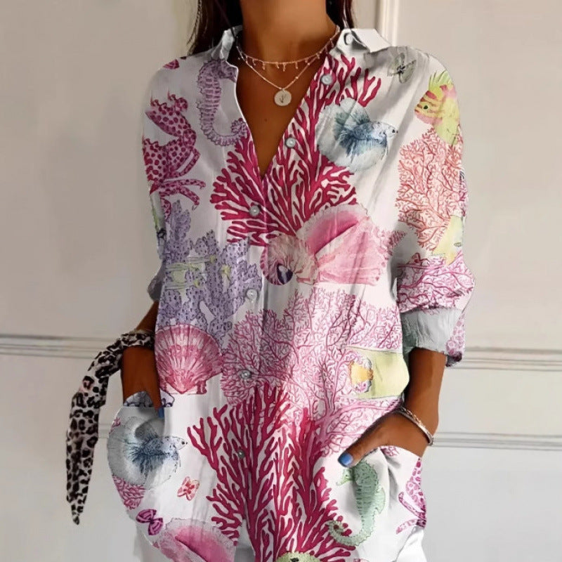 Floral Print Long-Sleeve Women's Shirt – Casual Button-Up Top