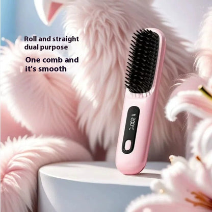 2-in-1 Wireless Hair Straightener Brush | Cordless Hot Comb with LCD & USB Charging