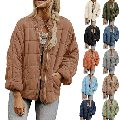 Women's Winter Zip-Up Stand Collar Coat – Plaid Pockets, Long Sleeve