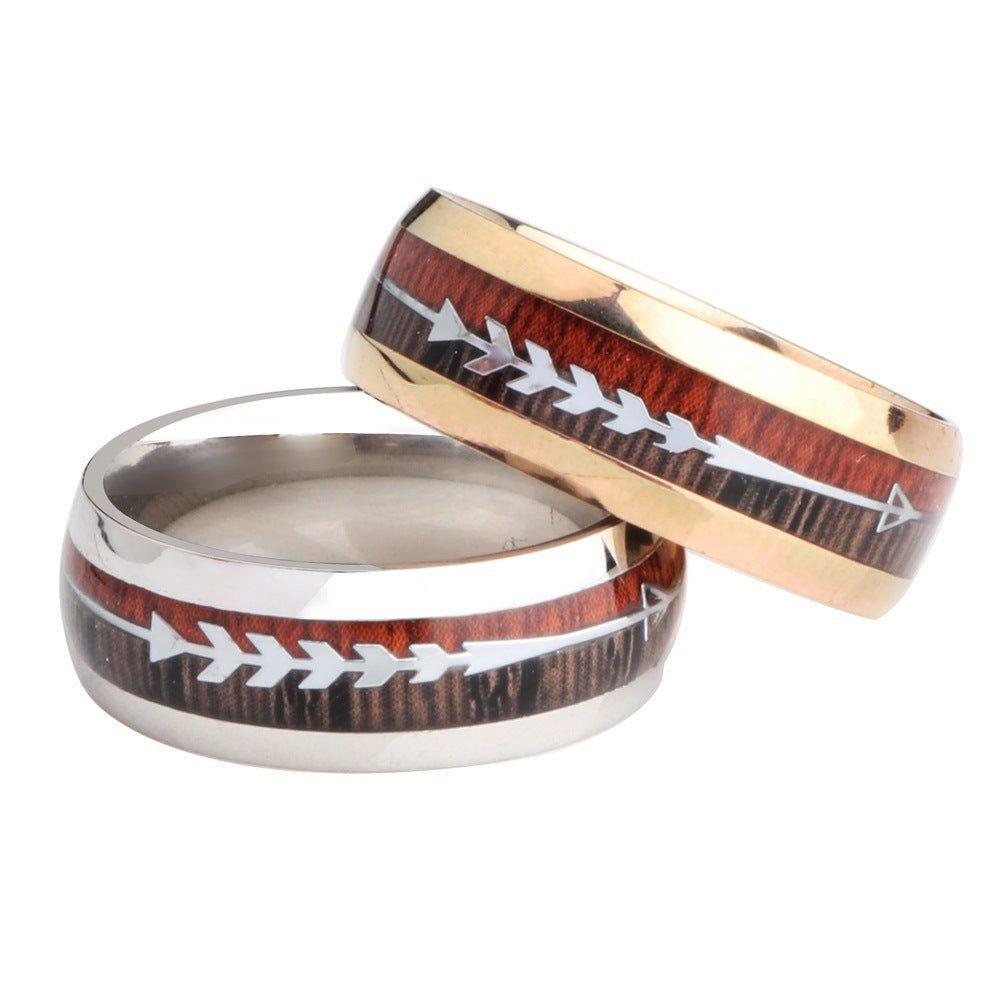 Stainless Steel Wood Grain Arrow Inlaid Ring – Nature Jewelry