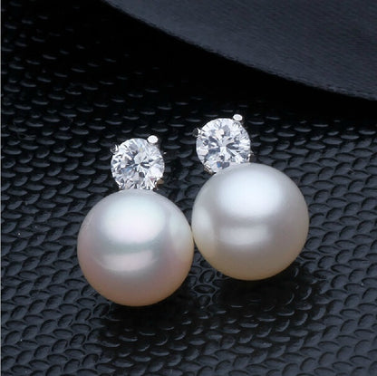 Round Pearl Stud Earrings – 8-9mm Silver Plated Jewelry for Women