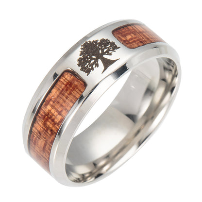 Celtic Tree of Life Wood Inset Wedding Ring – Stainless Steel