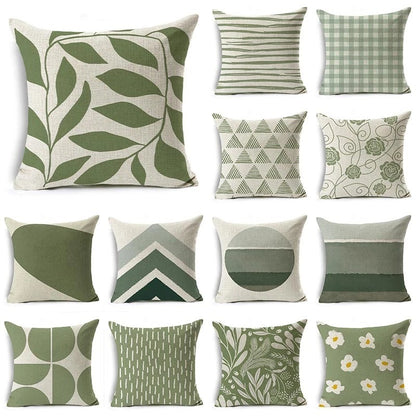 Green Geometric Print Linen Pillowcase – Modern Decorative Cushion Cover for Sofa & Home