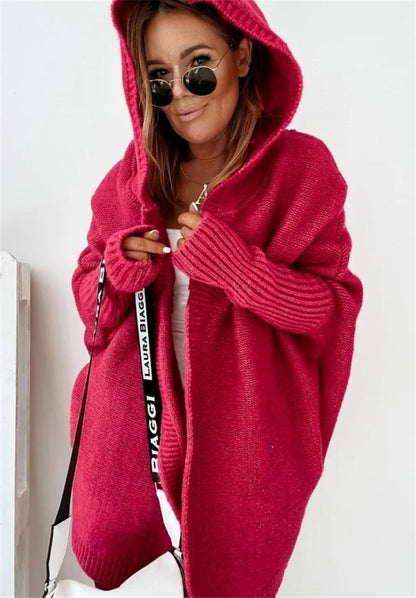Bat Sleeve Hooded Cardigan – Oversized Knit Sweater for Women