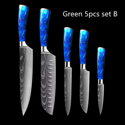 8-Inch Chef Knife Set – Blue, Green & Red Resin Handle Kitchen Knife Collection