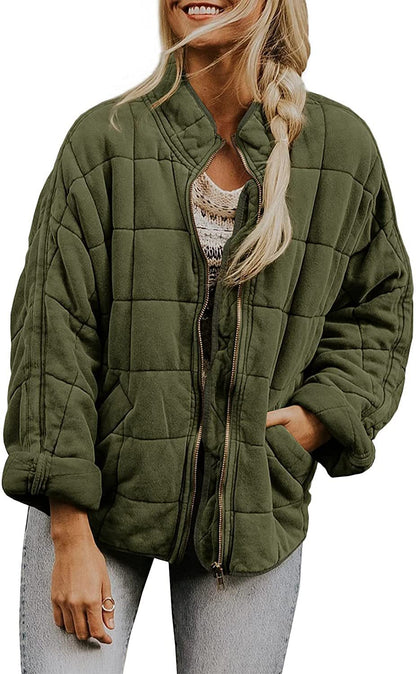 Women's Winter Zip-Up Stand Collar Coat – Plaid Pockets, Long Sleeve