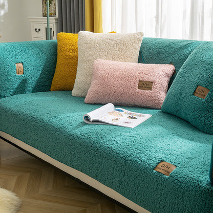 Modern Solid Color Winter Lamb Wool Sofa Cover – Thickened Plush Anti-Slip Couch Cover for Living Room