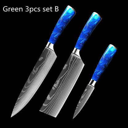 8-Inch Chef Knife Set – Blue, Green & Red Resin Handle Kitchen Knife Collection