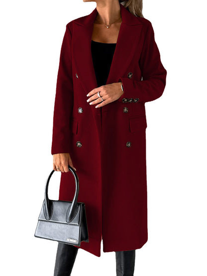 Women's Double Breasted Lapel Long Coat – Slim Winter Jacket