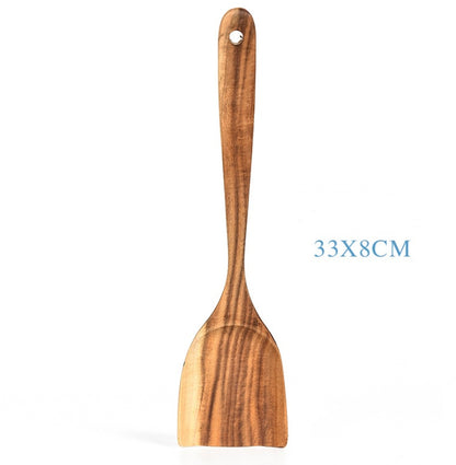 Teak Natural Wood Kitchen Utensil Set – Spoon, Ladle, Turner, Colander & Skimmer Cooking Tools