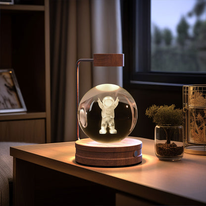 3D Crystal Ball Night Light – USB Wooden Base Bedside Lamp