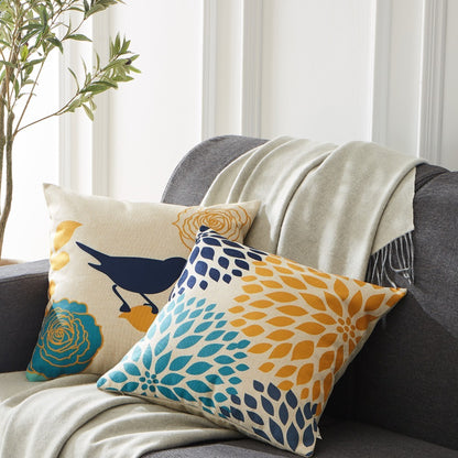 Flower & Bird Cotton Linen Pillowcase – Decorative Cushion Cover for Sofa & Home