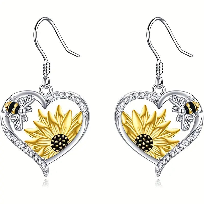 Bee Sunflower Heart Stud Earrings – Cute Fashion OL Alloy Jewelry for Women