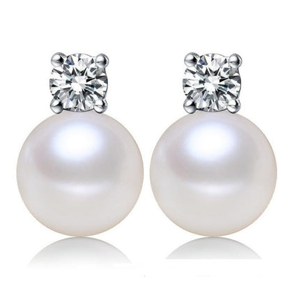 Round Pearl Stud Earrings – 8-9mm Silver Plated Jewelry for Women