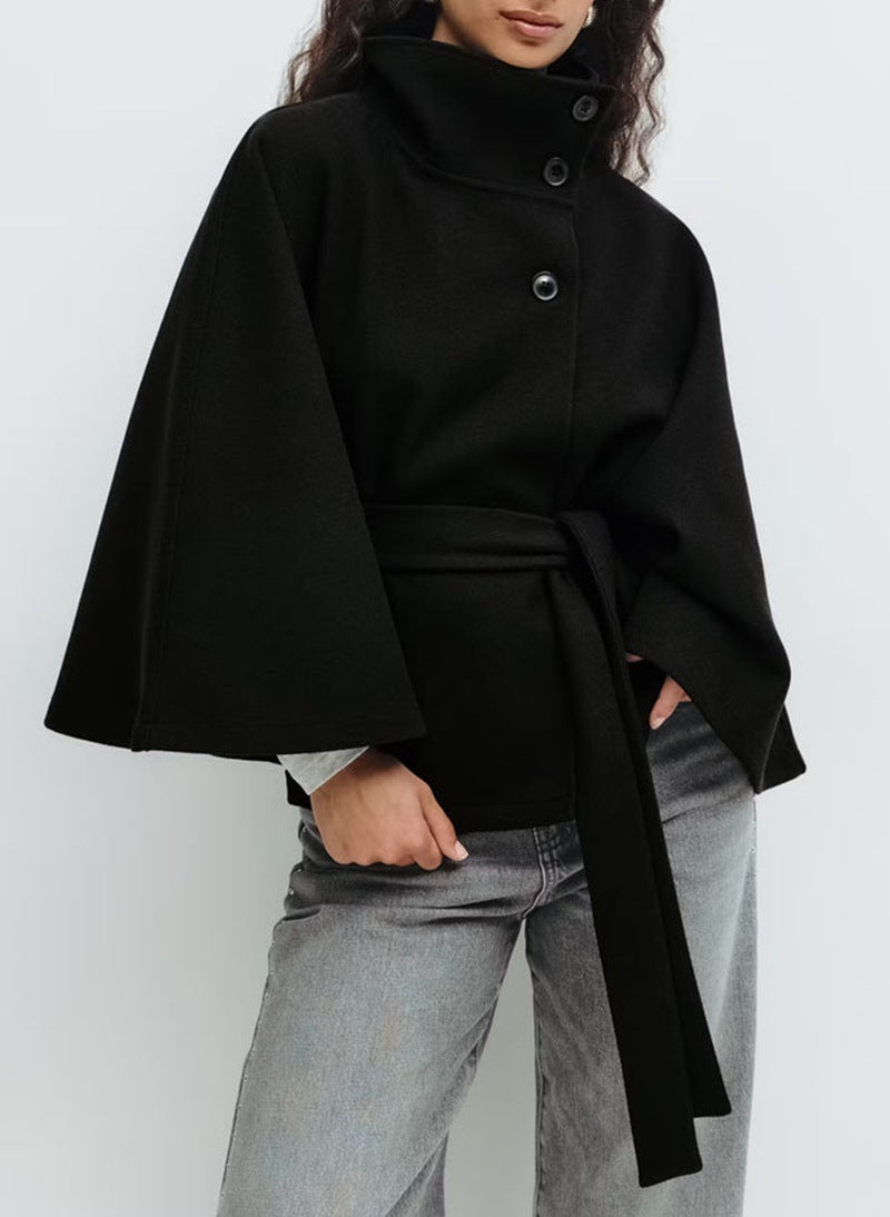 Women's Winter Trench Coat – High Neck Batwing Sleeve with Belt