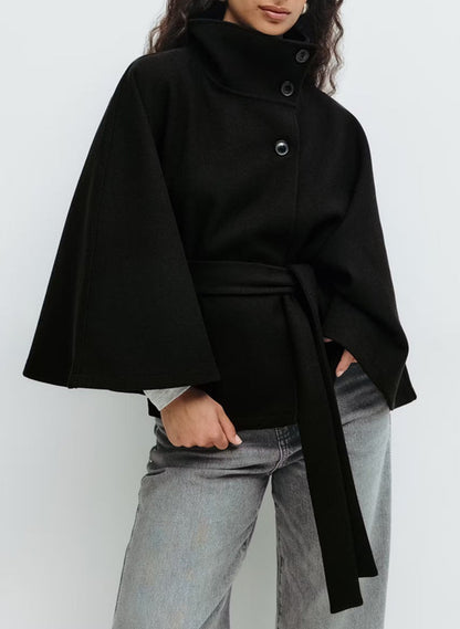 Women's Winter Trench Coat – High Neck Batwing Sleeve with Belt